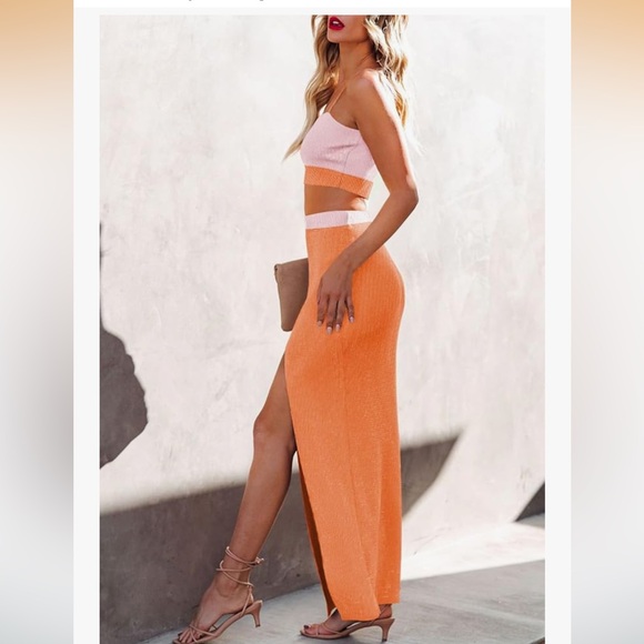 Knitted Crop Top Side Slit Midi Skirt 2 Piece Sweater Dress Orange S/0112 - Picture 2 of 5